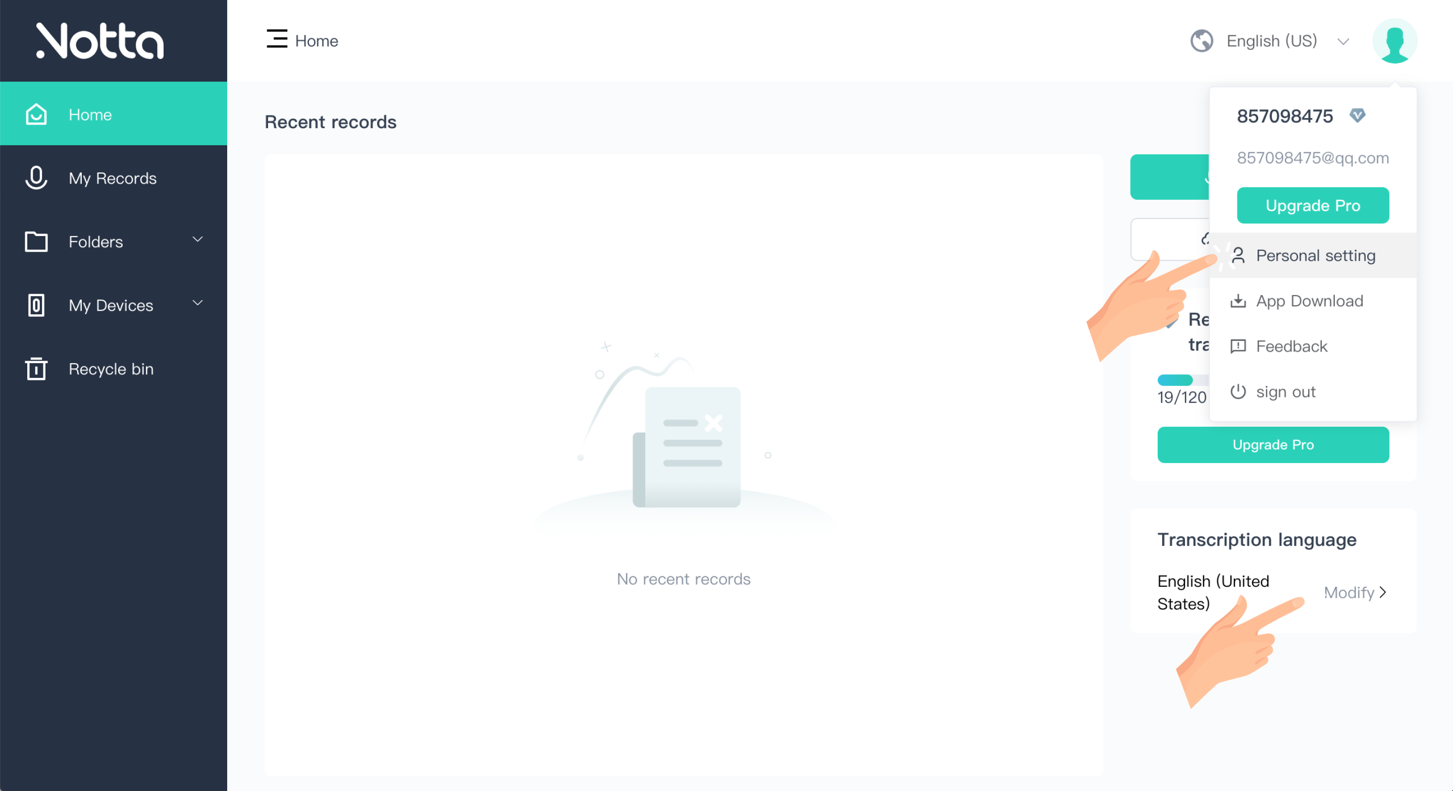 Set the default transcription language